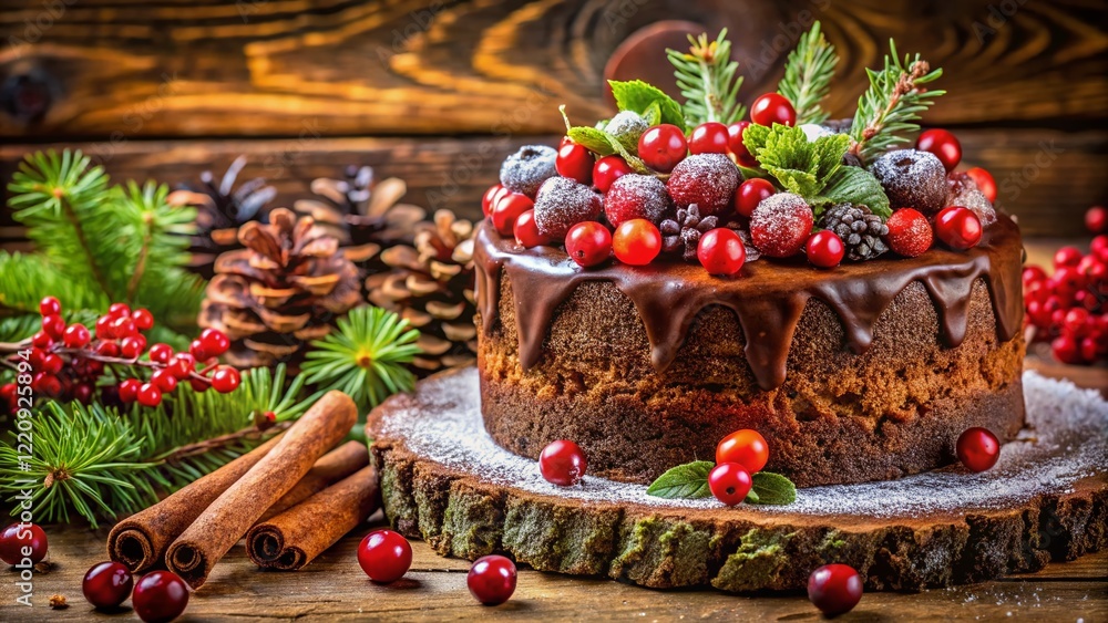 Festive Chocolate Cake with Berries & Spices - Winter Christmas Dessert Photography Festive Chocolate Cake with Berries & Spices - Winter Christmas Dessert Photography