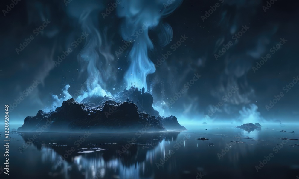 Fototapeta premium A mysterious blue environment with small drops of fog or smoke suspended in a dimly lit space, creating an eerie and ominous atmosphere , abstract, eerie