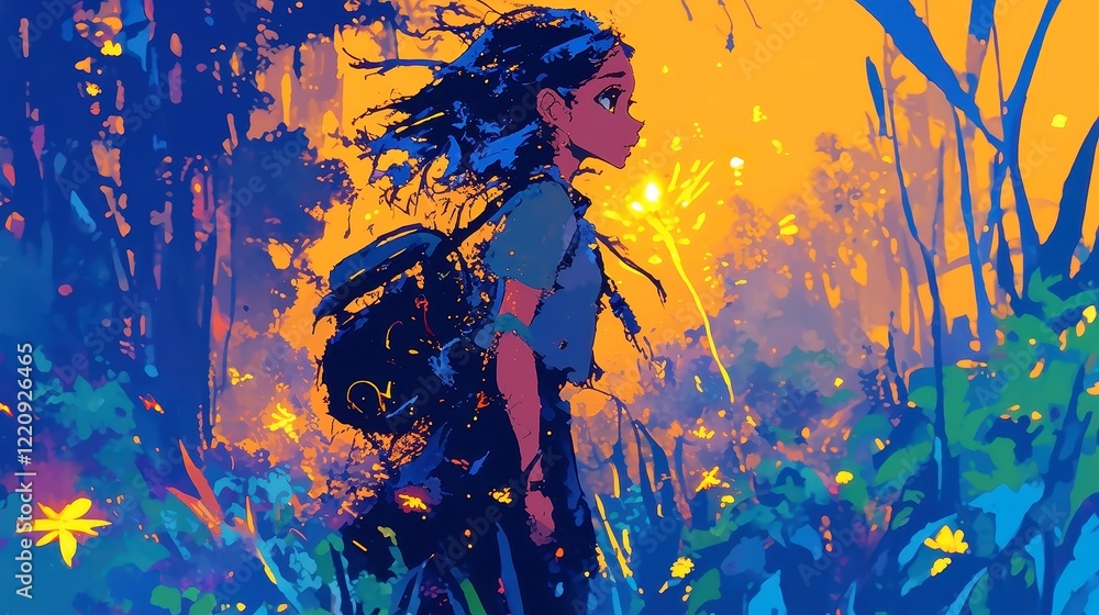 City Pop Dreamscape, vibrant anime illustration of a young woman in a dusky forest, glowing fireflies, bold outlines, simple colors, cool dreamy palette, geometric pop art influence City Pop Dreamscape, vibrant anime illustration of a young woman in a dusky forest, glowing fireflies, bold outlines, simple colors, cool dreamy palette, geometric pop art influence