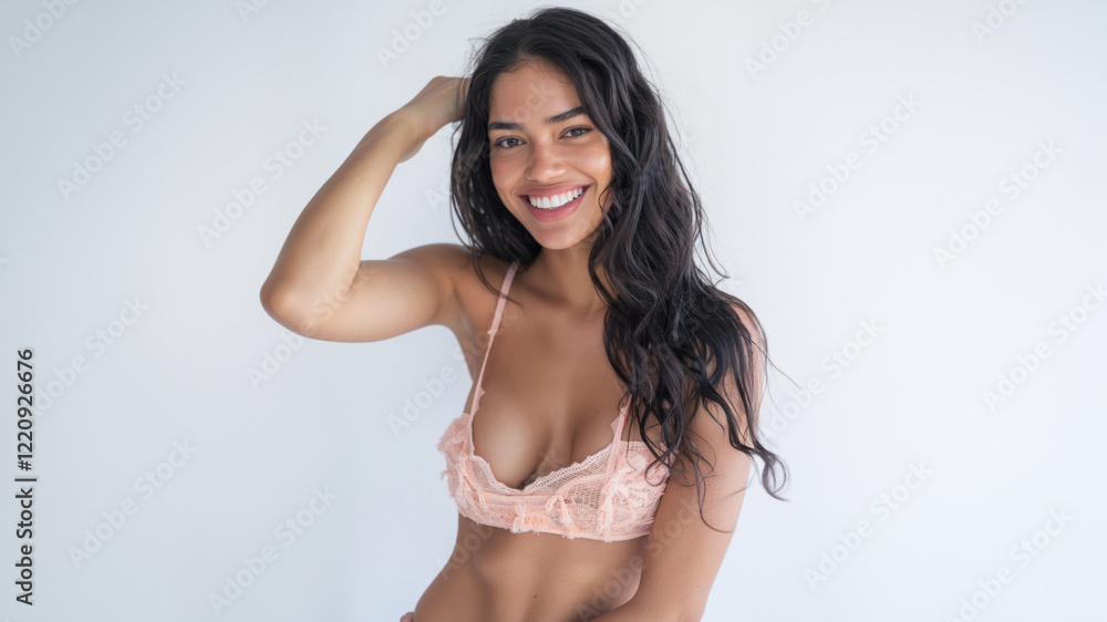 Obraz premium A woman in stylish summer attire or lifestyle products poses in warm lighting, her inviting expression making this image perfect for wellness or travel branding.