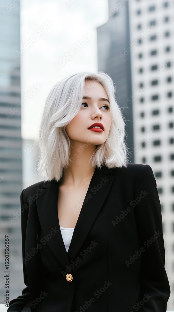 Fototapeta premium modern stylish woman with silver hair in chic black outfit, exuding confidence in urban setting