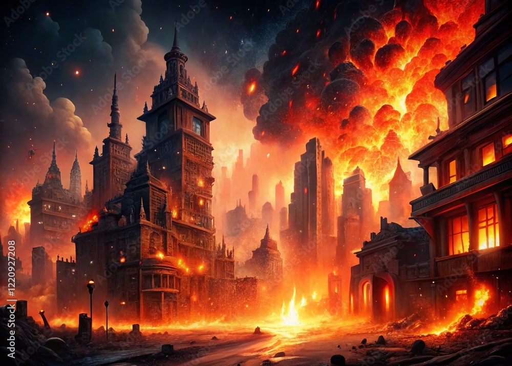 Naklejka premium Fiery Cityscape Destruction: Low-Light Dramatic Stock Photo