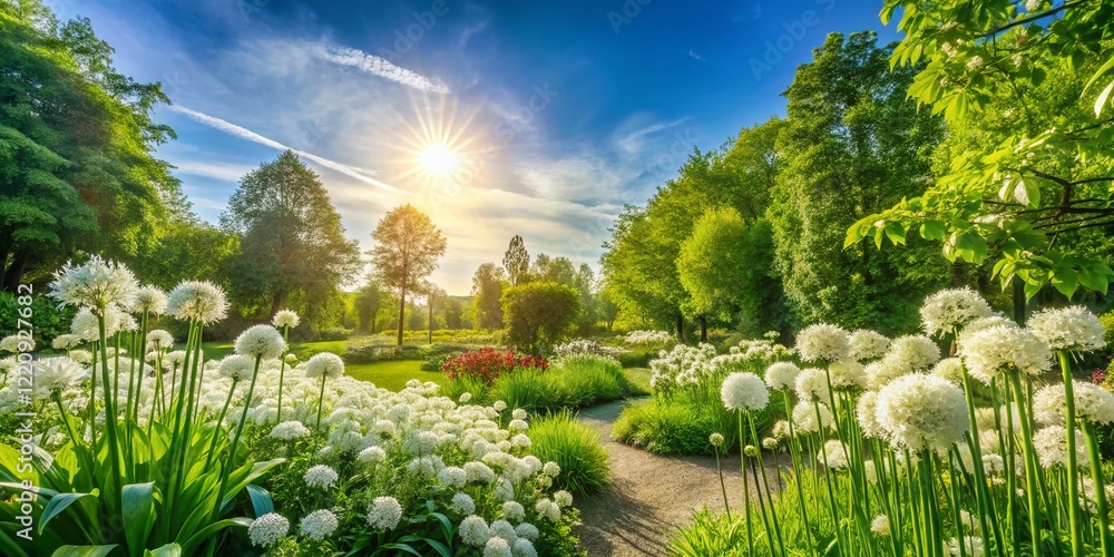 Obraz premium Panoramic View of White Flowers Blooming in a Lush Garden