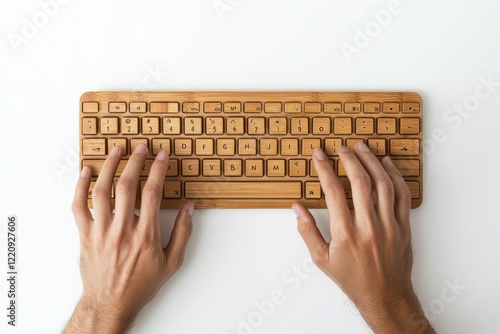 Hands typing on a sleek, eco-friendly bamboo keyboard. photo