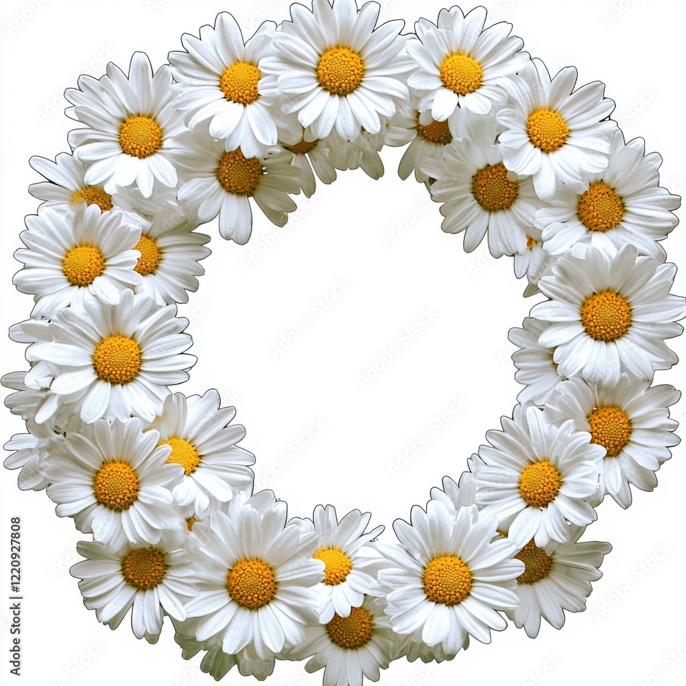 Fototapeta premium Beautiful Floral Wreath of Fresh White Daisies on a Plain Background for Spring and Summer Decorations