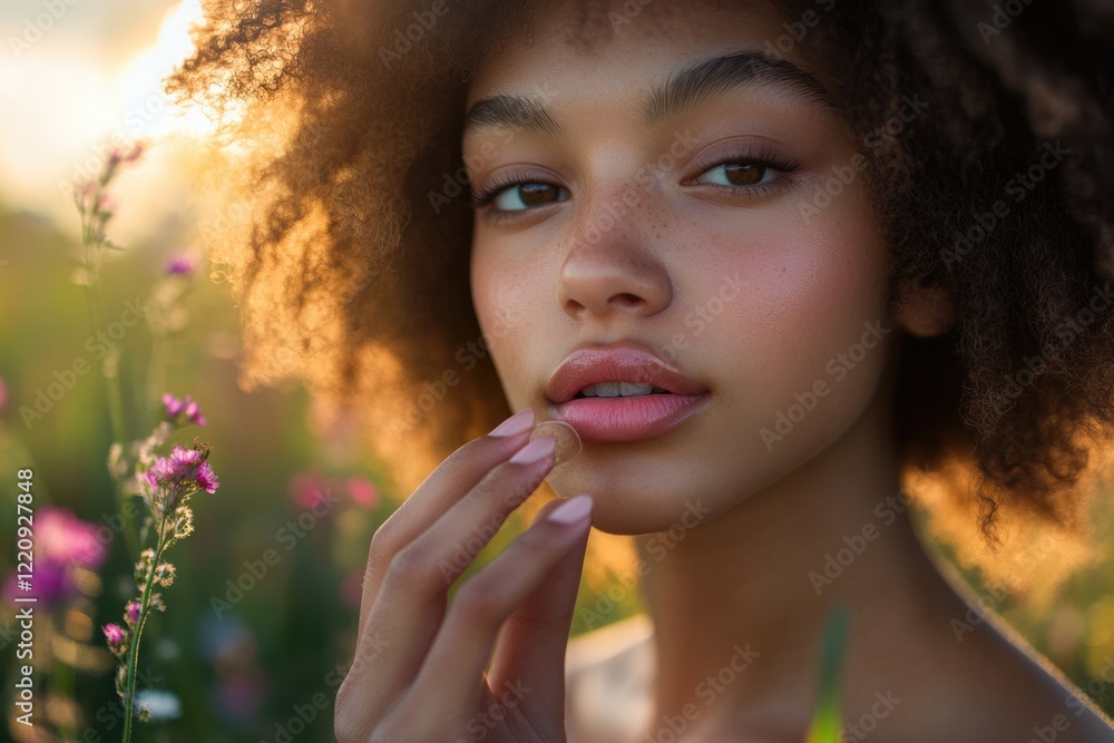 A young woman with an afro, freckles, and glowing skin, smiles gently in a sun-drenched meadow. A young woman with an afro, freckles, and glowing skin, smiles gently in a sun-drenched meadow.