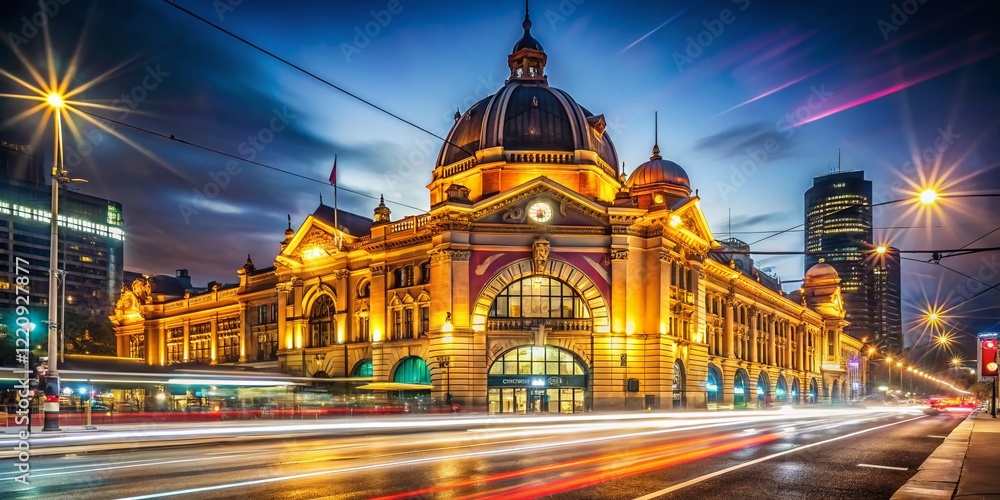 Obraz premium Flinders Street Station Night Light Trails - Vintage Melbourne Photography