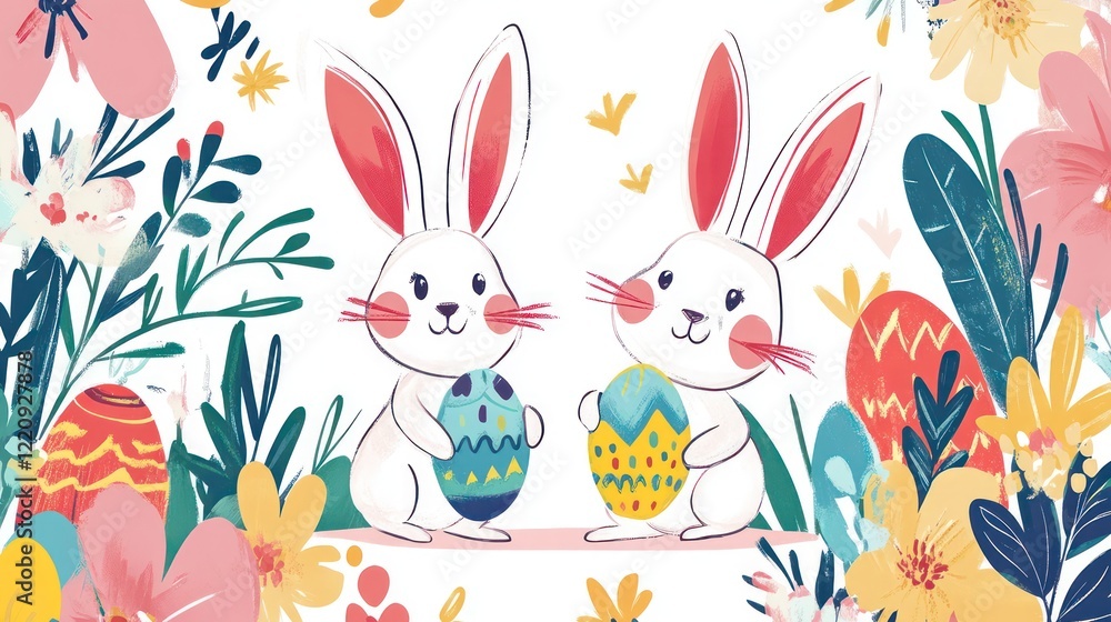 A banner with a cute, whimsical design, featuring playful bunnies holding painted eggs, and 'Celebrate Easter 2025' in bold, festive colors A banner with a cute, whimsical design, featuring playful bunnies holding painted eggs, and 'Celebrate Easter 2025' in bold, festive colors