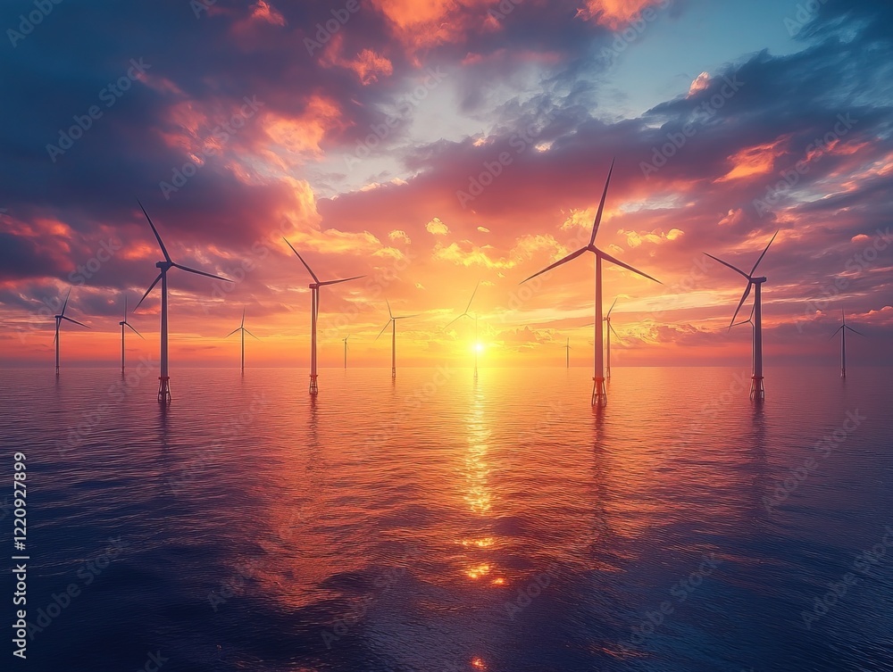 Obraz premium Offshore wind farm at sunset, ocean, vibrant sky (1)