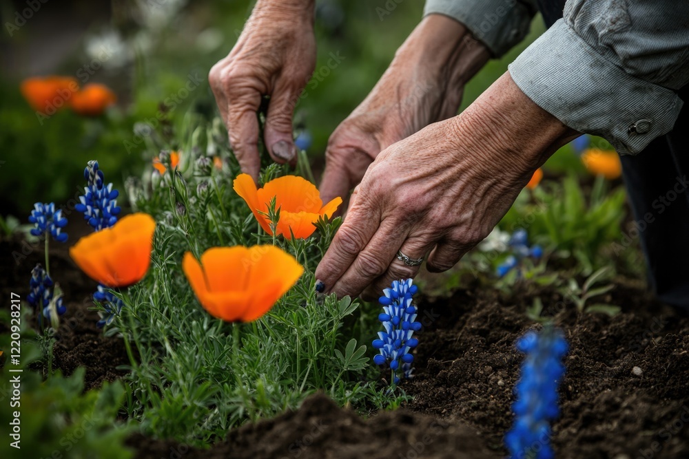 Fototapeta premium Elderly hands tenderly planting vibrant orange California poppies and blue lupines in rich soil.