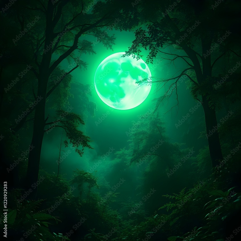 There is a green full moon in the dense forest There is a green full moon in the dense forest