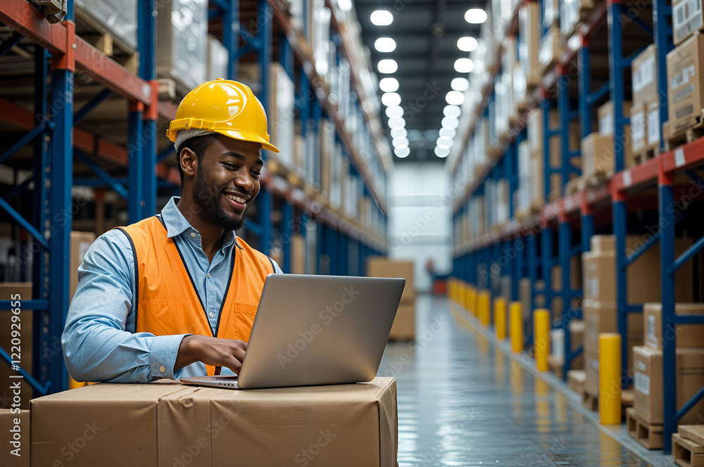 Warehouse Worker Managing Inventory: Streamlining Operations with Digital Tools in a Distribution Center, warehouse worker managing, warehouse woker, distribution center Warehouse Worker Managing Inventory: Streamlining Operations with Digital Tools in a Distribution Center, warehouse worker managing, warehouse woker, distribution center