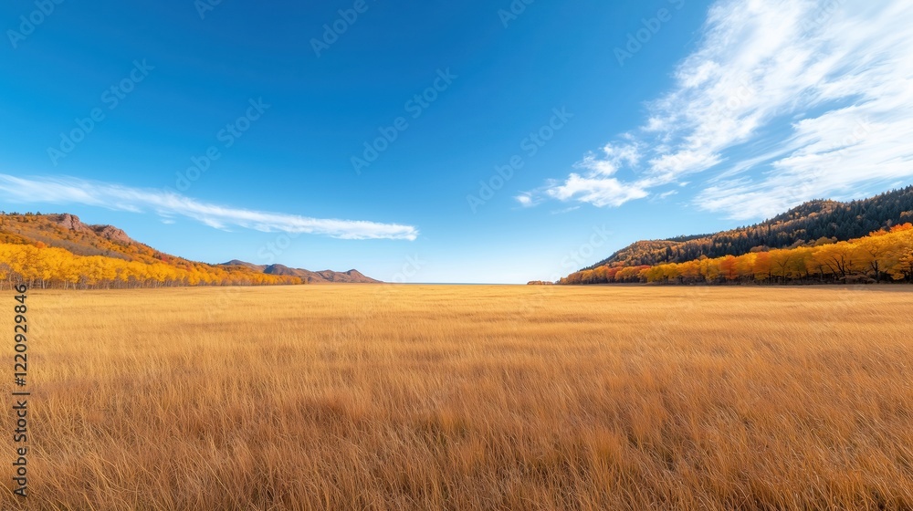 Golden Autumn Meadow with Vibrant Trees and Clear Blue Sky Golden Autumn Meadow with Vibrant Trees and Clear Blue Sky