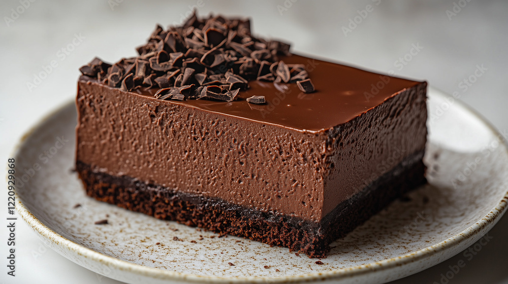 Close-up of a slice of chocolate cake decorated with chocolate chips. Close-up of a slice of chocolate cake decorated with chocolate chips.