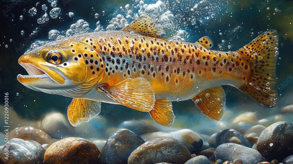 Fototapeta premium A brown trout swimming underwater, surrounded by clear blue water with bubbles rising to the surface.