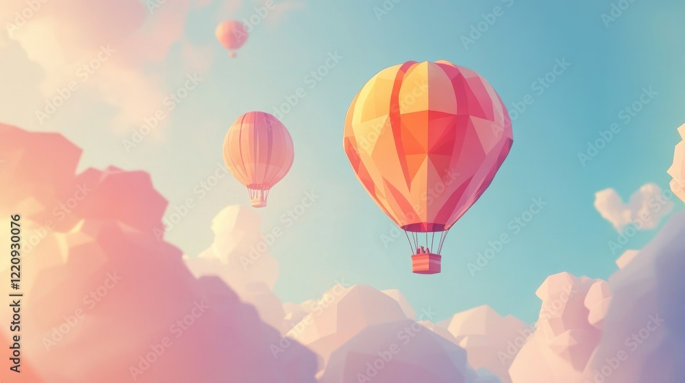 Obraz premium Three hot air balloons float in the sky, surrounded by stylized polygonal clouds and blue sky