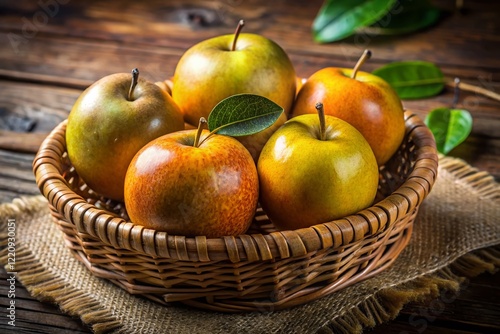 Fresh Wood Apples in Rustic Basket - Healthy Tropical Fruit Harvest photo