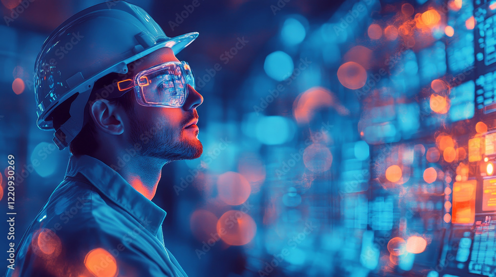 Engineer in control room with digital interface and glasses Engineer in control room with digital interface and glasses