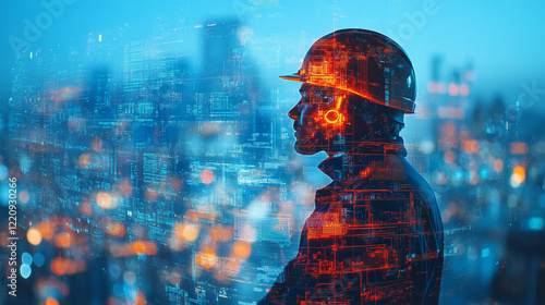 Engineer in control room with digital overlay and city view