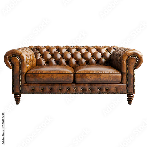 Front view of a tufted Chesterfield leather sofa with studs isolated on a white transparent background photo