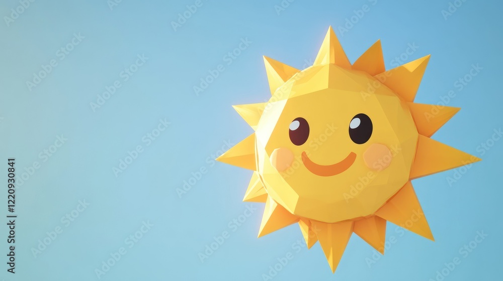 A cute 3D rendered smiling sun on a light blue background symbolizing warmth and happiness A cute 3D rendered smiling sun on a light blue background symbolizing warmth and happiness