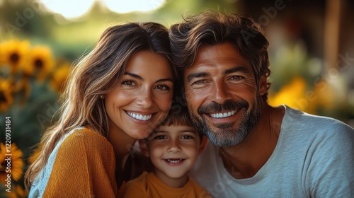 Smiling family enjoying a sunny day among sunflowers during late summer in a vibrant rural setting