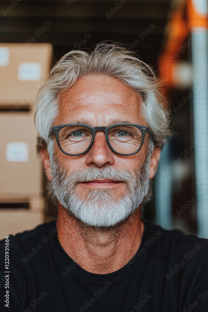 mature man with gray hair and beard, wearing glasses, smiles confidently in warehouse setting. His expression conveys wisdom and experience mature man with gray hair and beard, wearing glasses, smiles confidently in warehouse setting. His expression conveys wisdom and experience