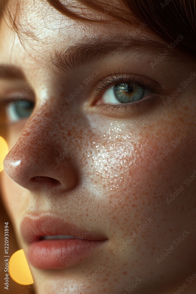 Naklejka premium Close-up portrait of a young woman with striking green eyes and freckles, illuminated by warm light, capturing a moment of serene beauty and elegance in a cozy setting
