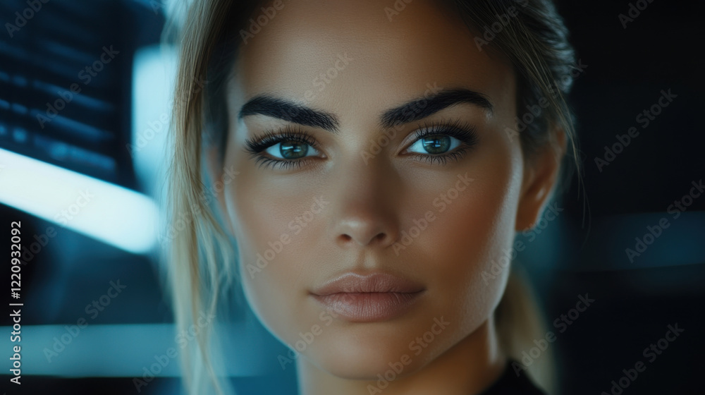 Close-up of a young woman with striking features and intense gaze in a modern, stylish environment illuminated by soft, ambient lighting Close-up of a young woman with striking features and intense gaze in a modern, stylish environment illuminated by soft, ambient lighting