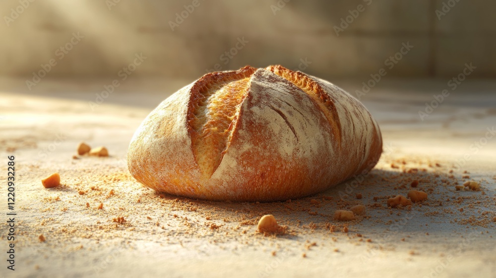 3D Depiction of Fresh Loaf of Bread on Natural Rustic Surface 3D Depiction of Fresh Loaf of Bread on Natural Rustic Surface