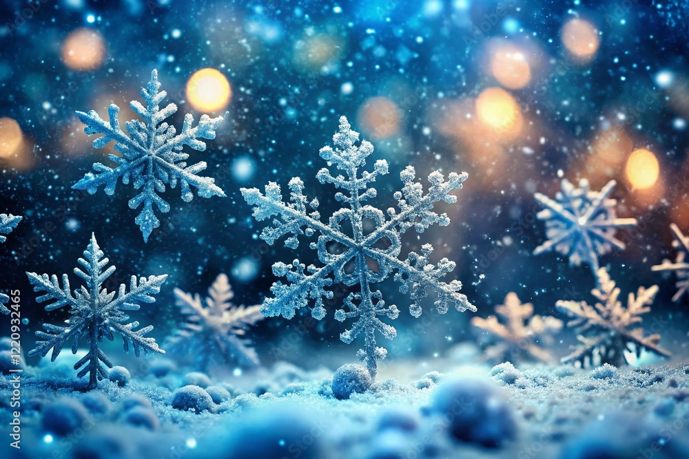Photorealistic Snowflakes Falling: Winter Wonderland Scene, Cold Temperature, Natural Light Photorealistic Snowflakes Falling: Winter Wonderland Scene, Cold Temperature, Natural Light