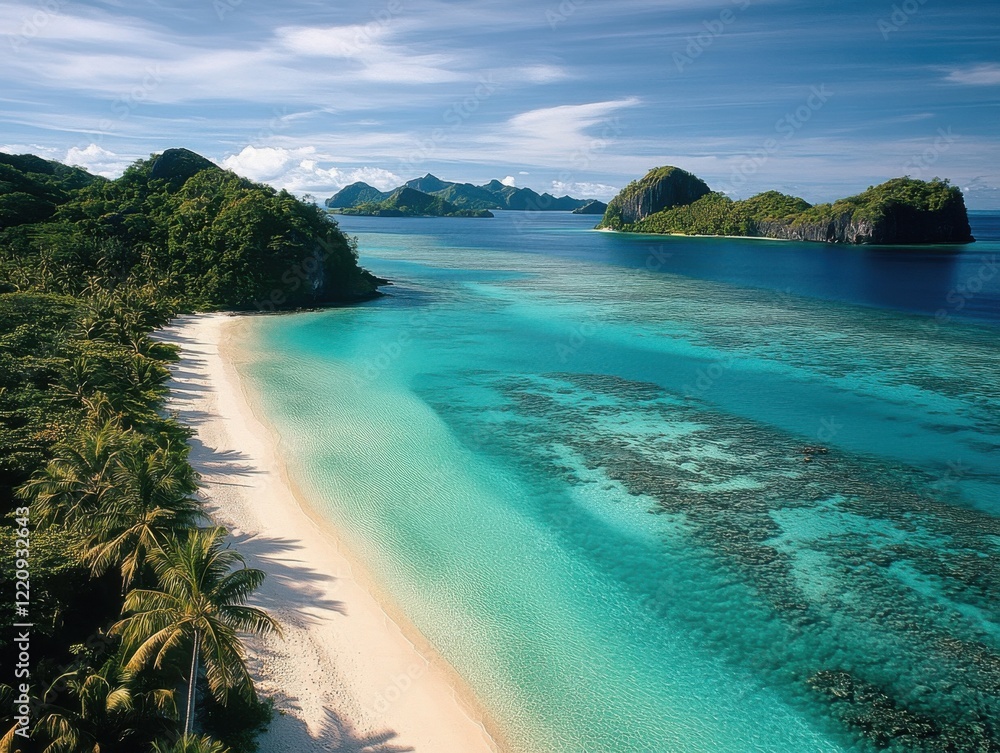 Fototapeta premium Serene tropical beach with clear turquoise waters surrounded by lush greenery and distant hills under a bright blue sky