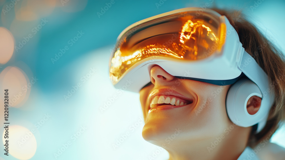 Smiling woman wearing virtual reality headset, enjoying immersive experience, technology, gaming, futuristic, excitement, digital world, innovation, entertainment, joy Smiling woman wearing virtual reality headset, enjoying immersive experience, technology, gaming, futuristic, excitement, digital world, innovation, entertainment, joy