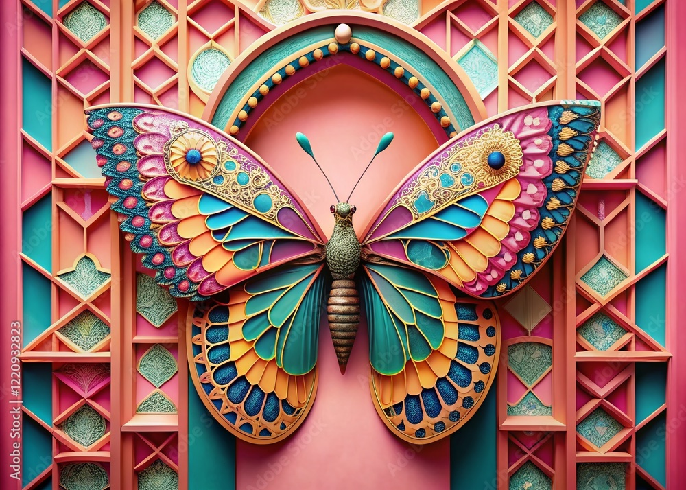 Fototapeta premium Pink Background Architectural Pattern with Butterfly Motifs - Stock Photo