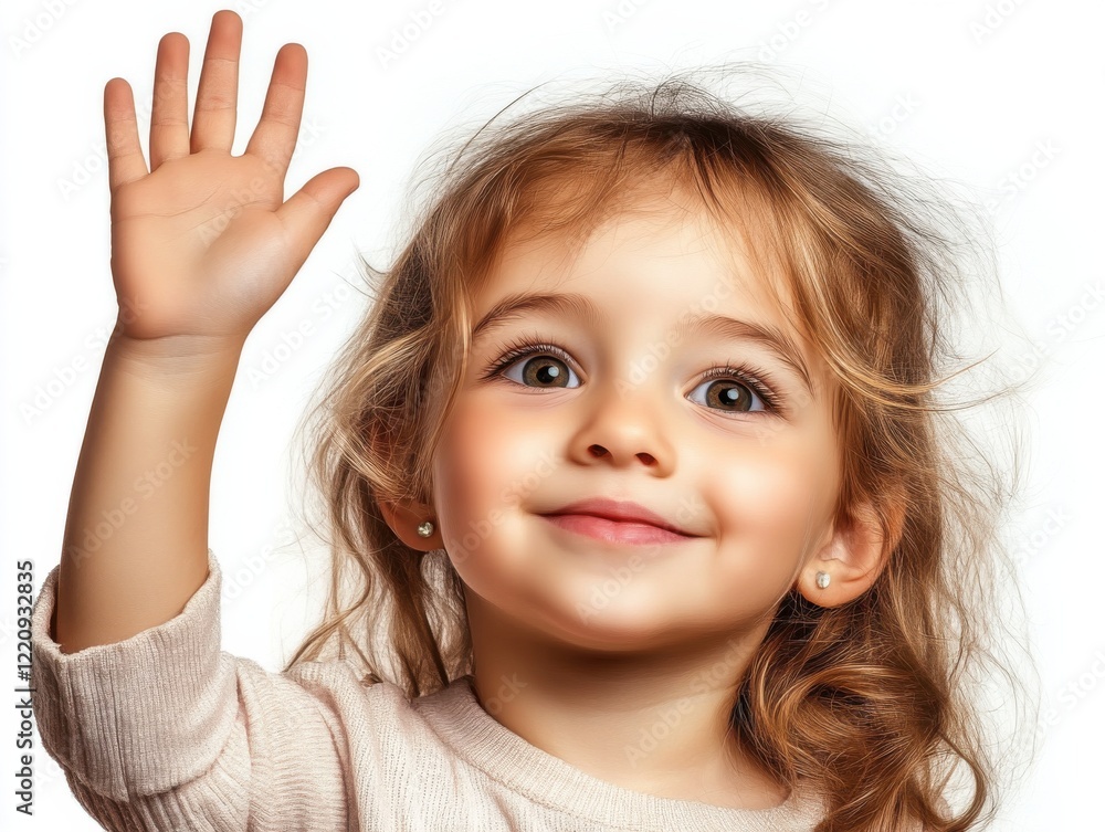 Young child waves cheerfully while expressing joy and friendliness indoors during daytime Young child waves cheerfully while expressing joy and friendliness indoors during daytime
