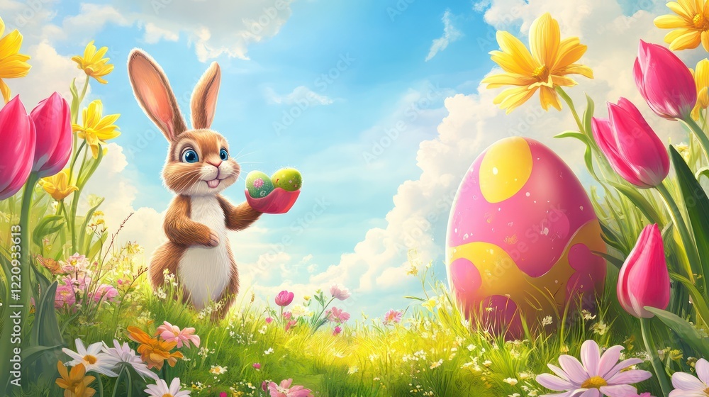 Obraz premium A beautiful meadow scene with an Easter Bunny painting a giant egg, framed by colorful tulips and daisies for banner designs