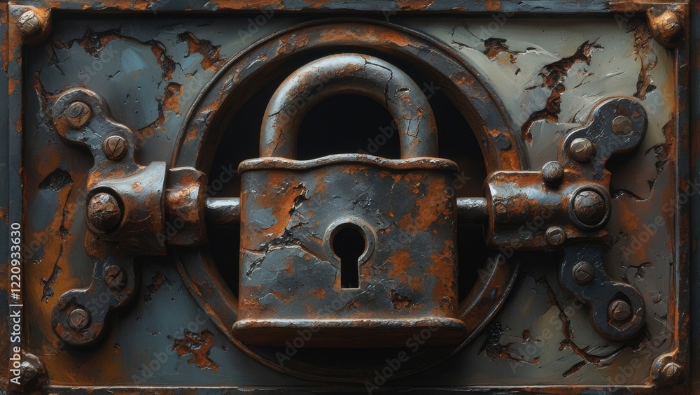 Rusty lock with worn edges and dark metal surface, detailed texture and weathered look, perfect for security, vintage, and industrial themes. Rusty lock with worn edges and dark metal surface, detailed texture and weathered look, perfect for security, vintage, and industrial themes.