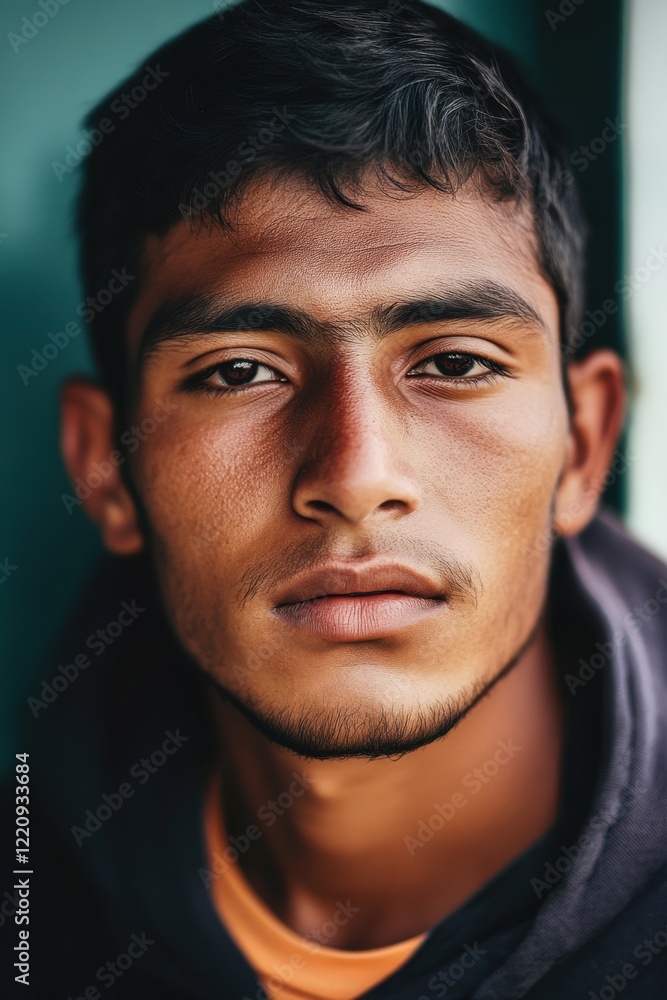 Young man with intense gaze in urban setting reflecting deep emotions and life experiences on a warm afternoon Young man with intense gaze in urban setting reflecting deep emotions and life experiences on a warm afternoon
