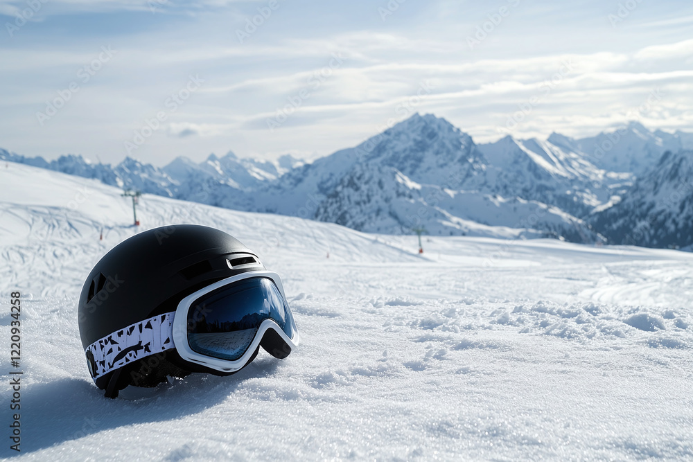 ski helmet in alpine winter setting ski helmet in alpine winter setting