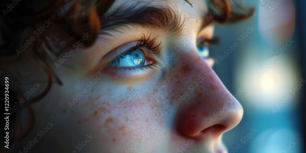 Close-up of a person with curly hair and blue eyes gazing thoughtfully out a window during the late afternoon light Close-up of a person with curly hair and blue eyes gazing thoughtfully out a window during the late afternoon light