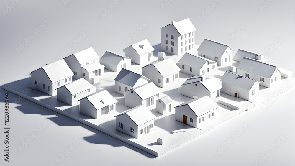 Abstract 3D rendering of a minimalist white model village with various house styles on a white background. Abstract 3D rendering of a minimalist white model village with various house styles on a white background.