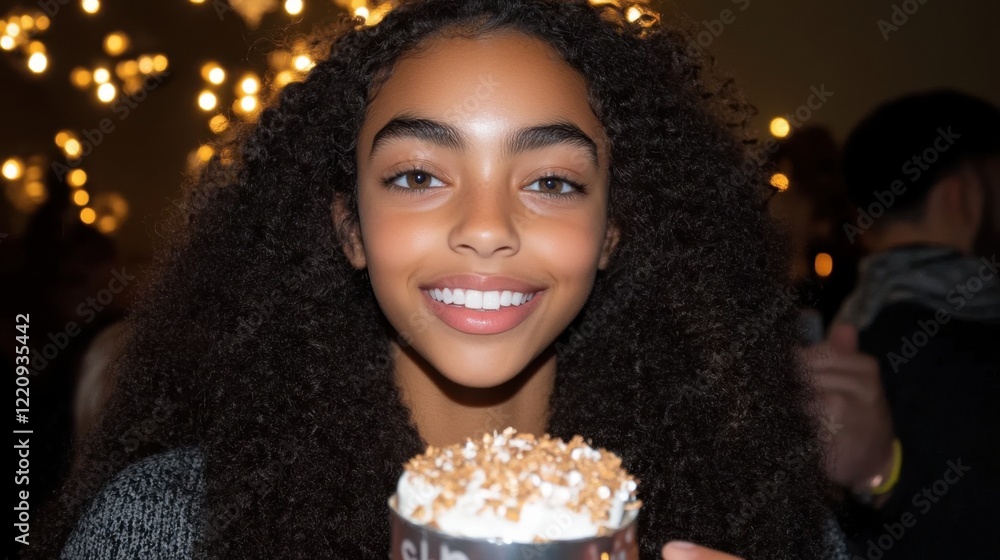 Naklejka premium Young girl enjoying a dessert at a festive gathering with warm lights in the background during an evening celebration
