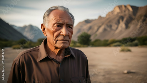A serious portrait of an elderly man wearing a brown shirt