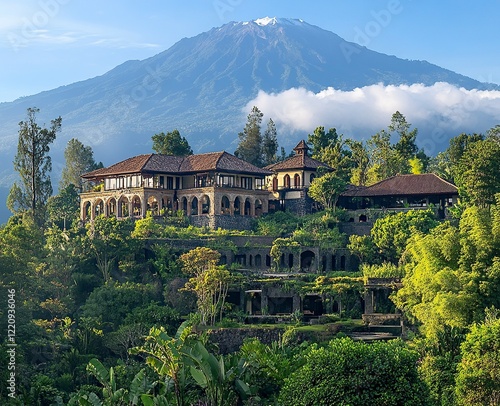 A beautiful view of the most famous mountain in St. Kecamatan Kintamani, Bali, Indonesia, with trees and greenery around it. In the background, some clouds can be seen covering part of Mount Agung, photo