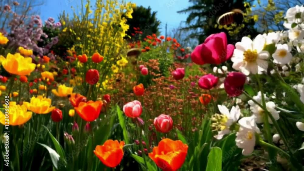 Springtime garden with colorful flowers in bloom and bees buzzing around in slow motion high quality stock footage for commercial and creative use Springtime garden with colorful flowers in bloom and bees buzzing around in slow motion high quality stock footage for commercial and creative use