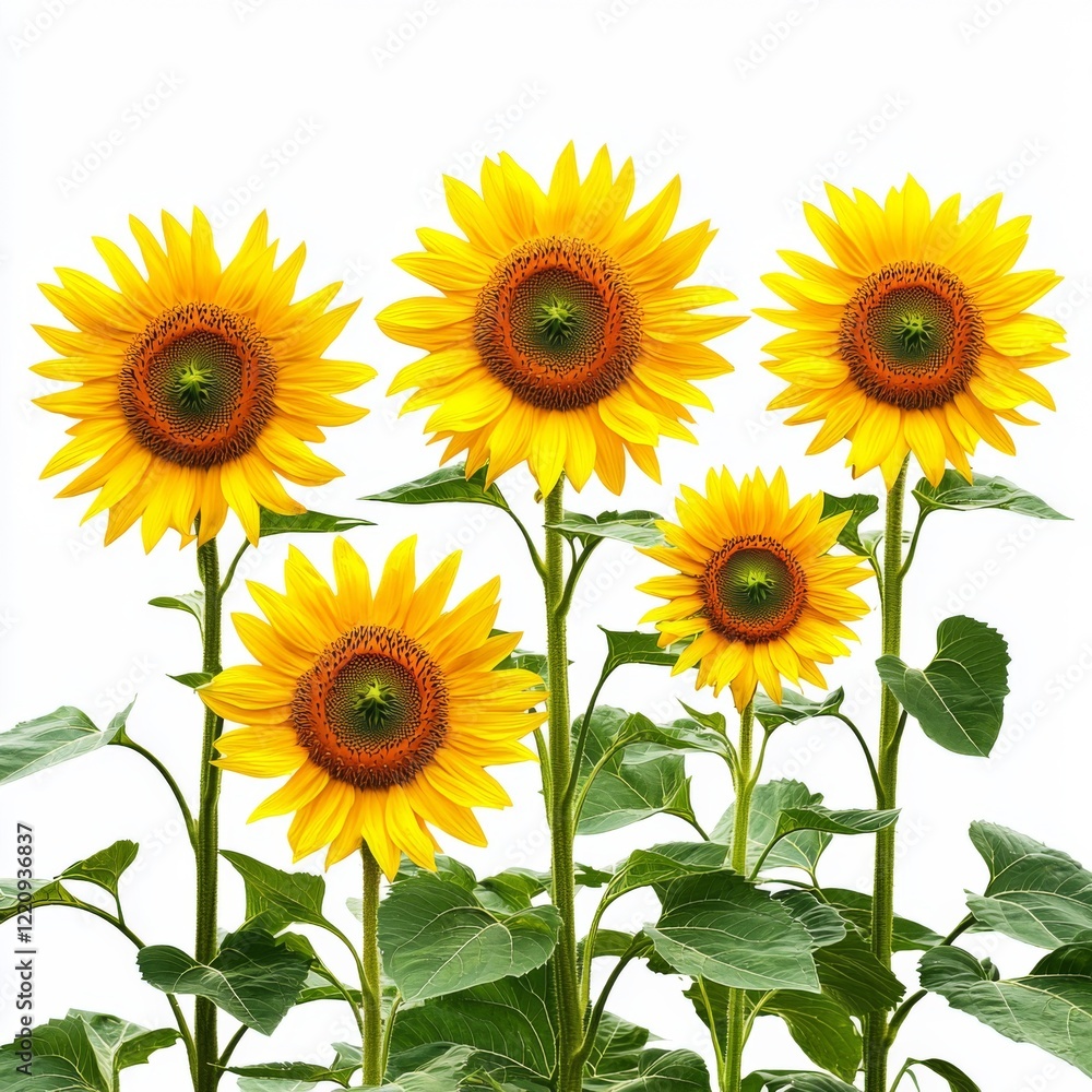 Obraz premium Vibrant Sunflower Blooms Against a White Background with Green Leaves and Sturdy Stems