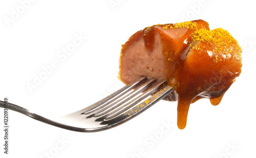 Curry Wurst on a Fork with Sauce isolated  on white Background photo