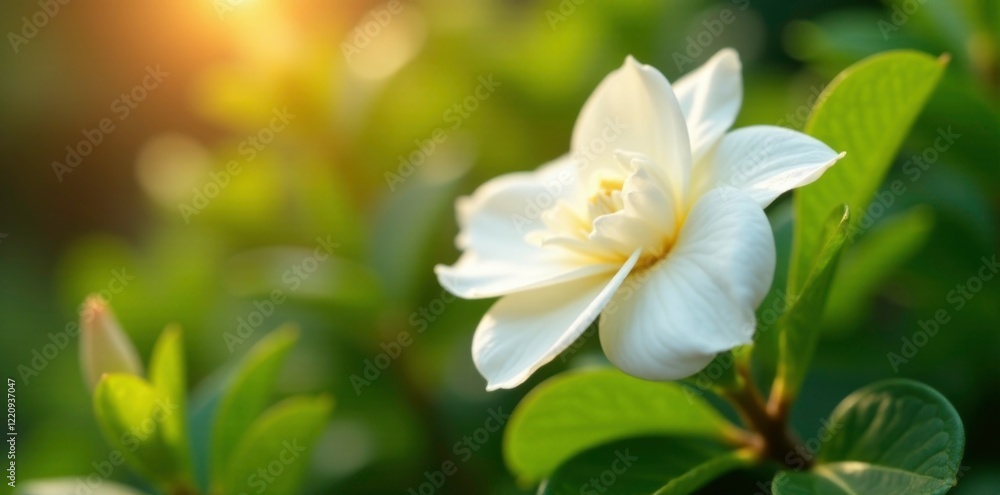 Obraz premium Gardenia flower with delicate white petals unfolding, garden, sunlit background