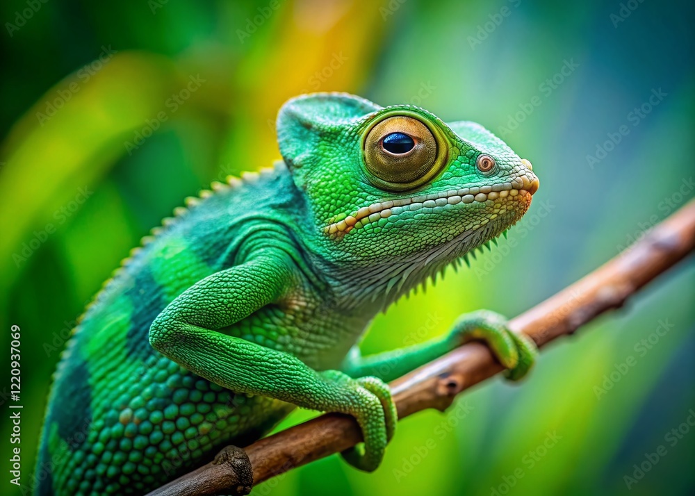 Fototapeta premium Green Chameleon Hanging on Tree Branch - Minimalist Nature HD Wallpaper