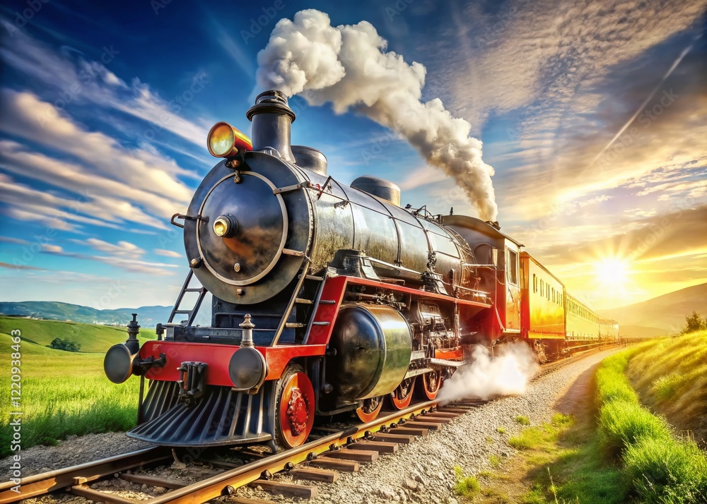 Fototapeta premium Powerful Vintage Steam Locomotive Engine on Railway Tracks - Copy Space